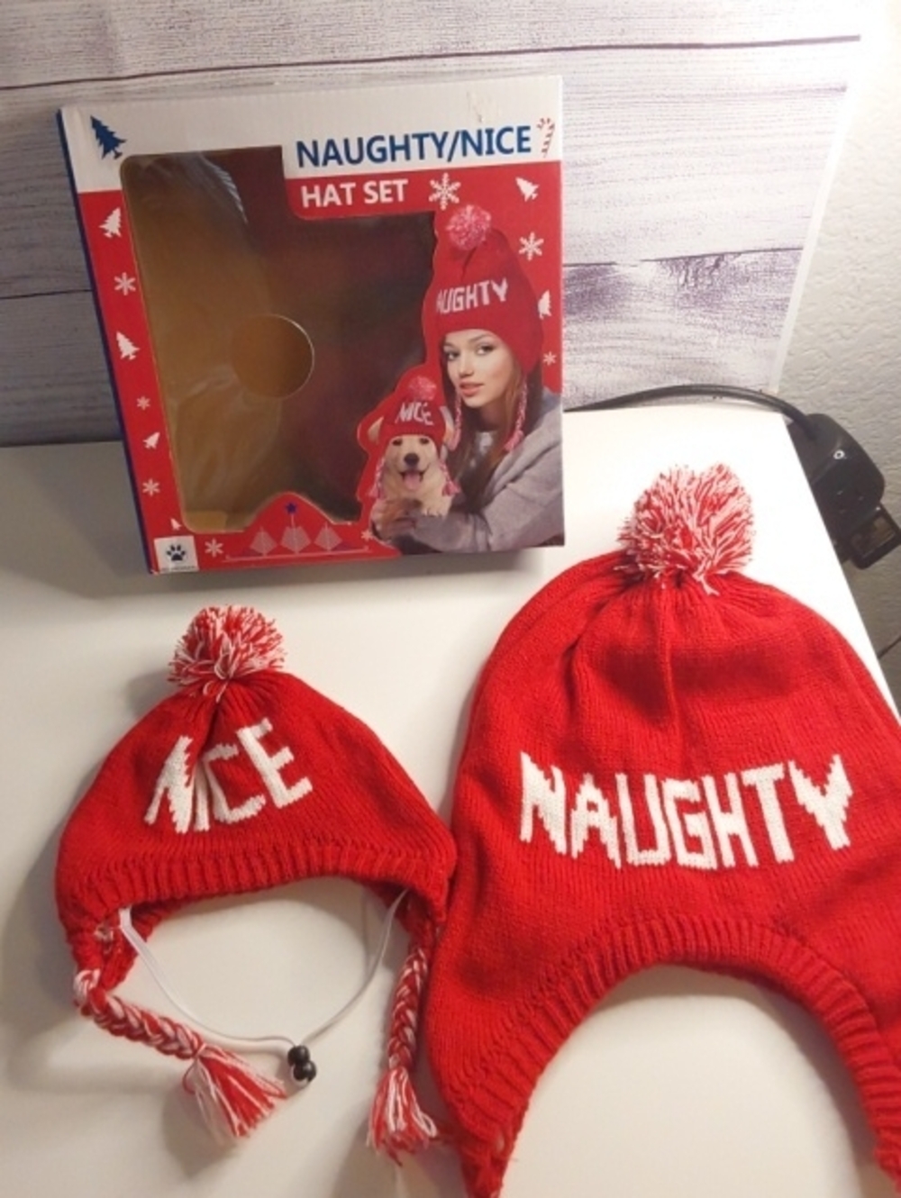 Naughty/Nice Red Adult And Pet Hat Set - Holiday Beanie Duo